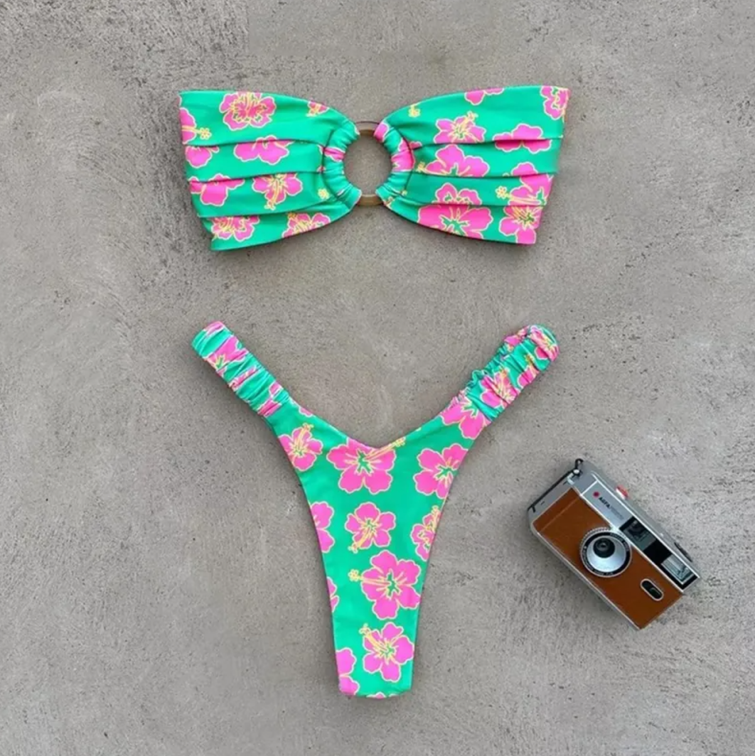 Bikini plisado estampado para mujer