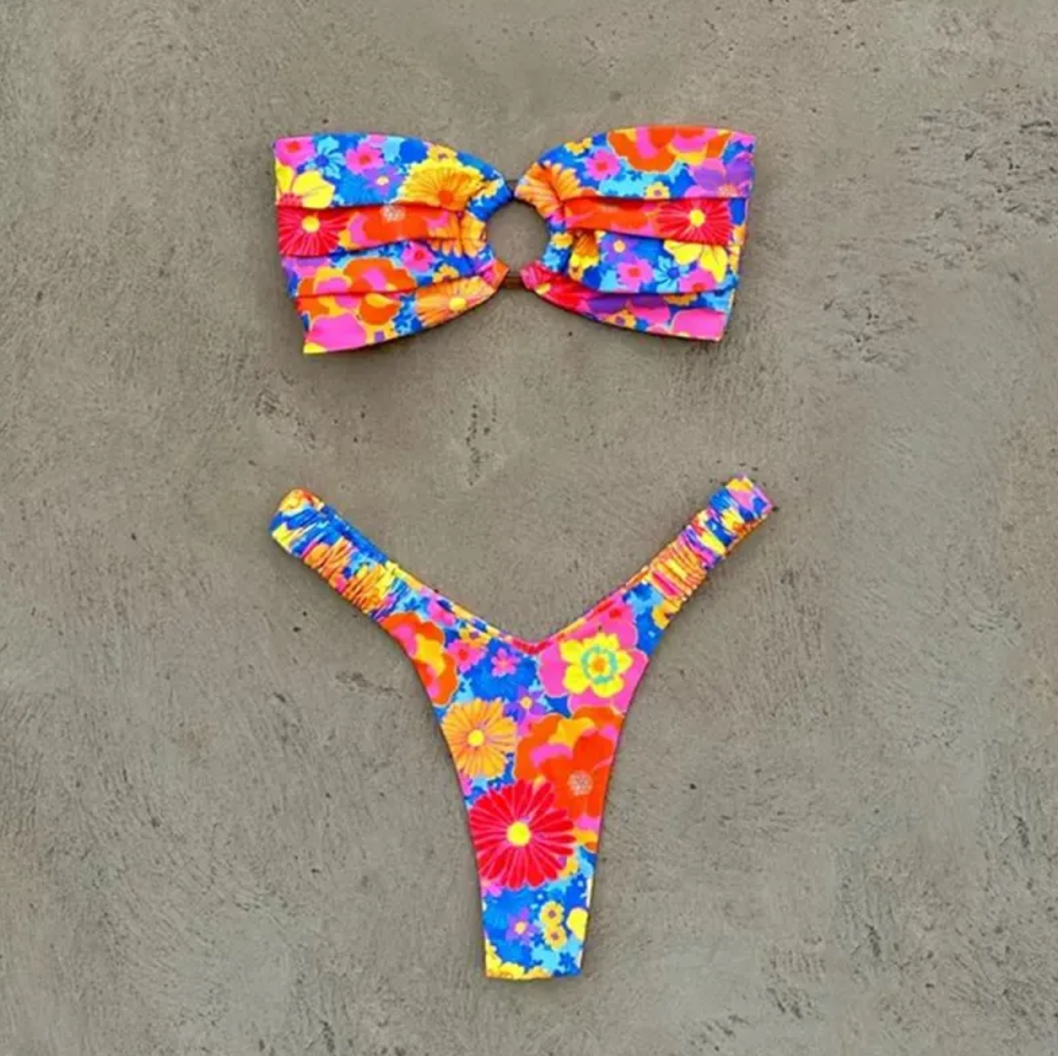 Bikini plisado estampado para mujer